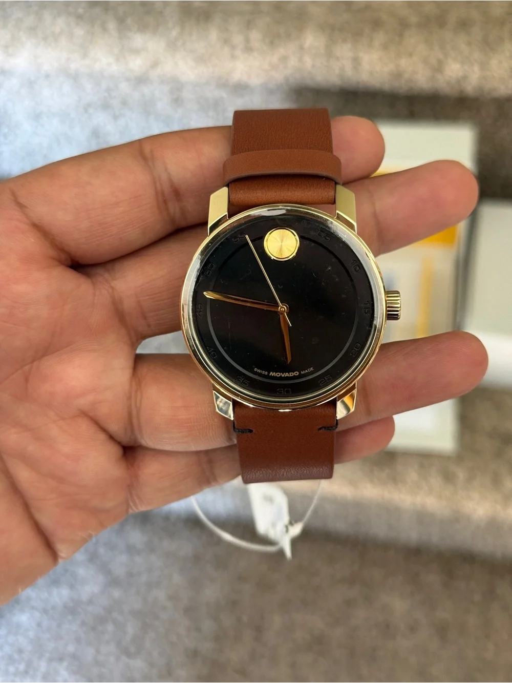Movado bold Gold-Tone Case Black Dial Brown Leather Strap mens Watch